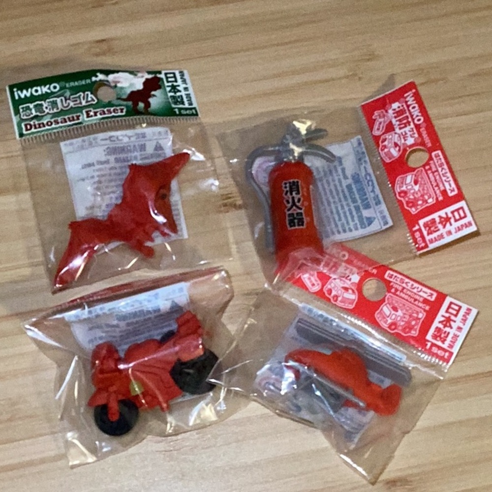 Japanese Red Dinosaur and Vehicle Erasers Set